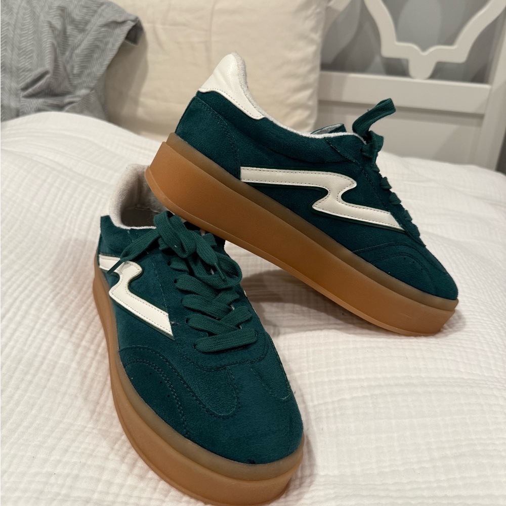 Green and White Sneakers with Gum Sole